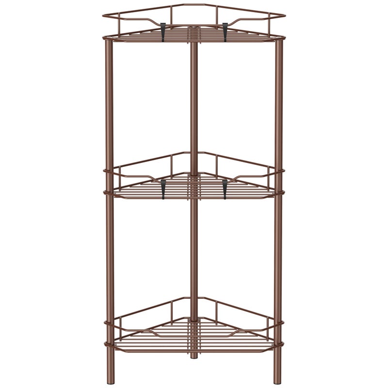 HuggieGems 3 Tier Floor Standing Corner Shower Caddy Organizer Shelf with Hooks, Bathroom Shelves Stand Rack, Coffee - Image 1